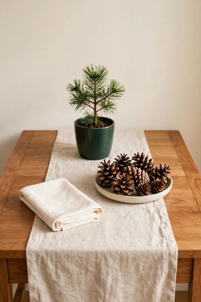 Linen runner layered under vanity pieces for rustic Christmas styling