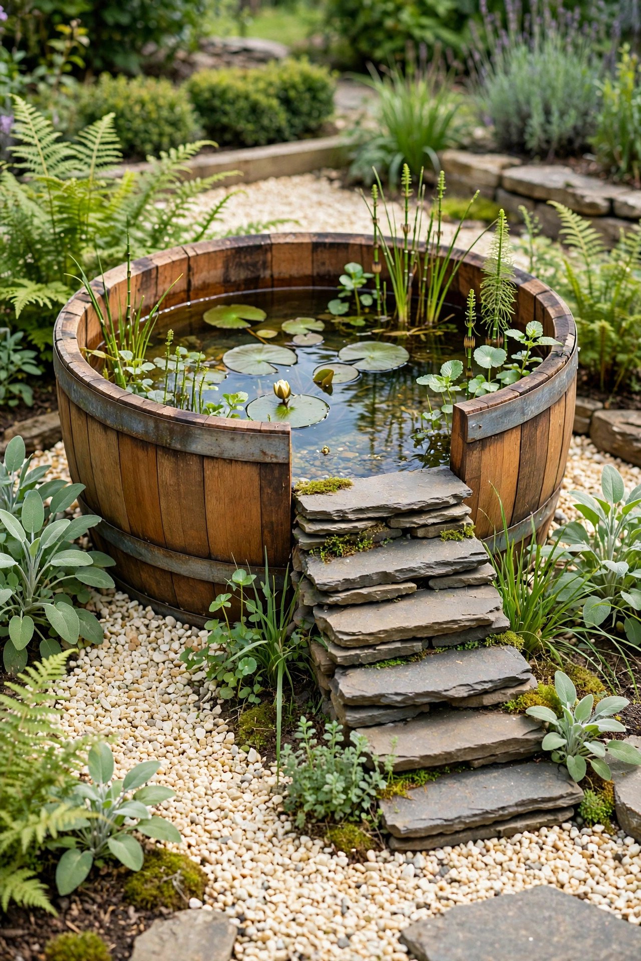 Frog-friendly mini pond with a stacked stone ramp