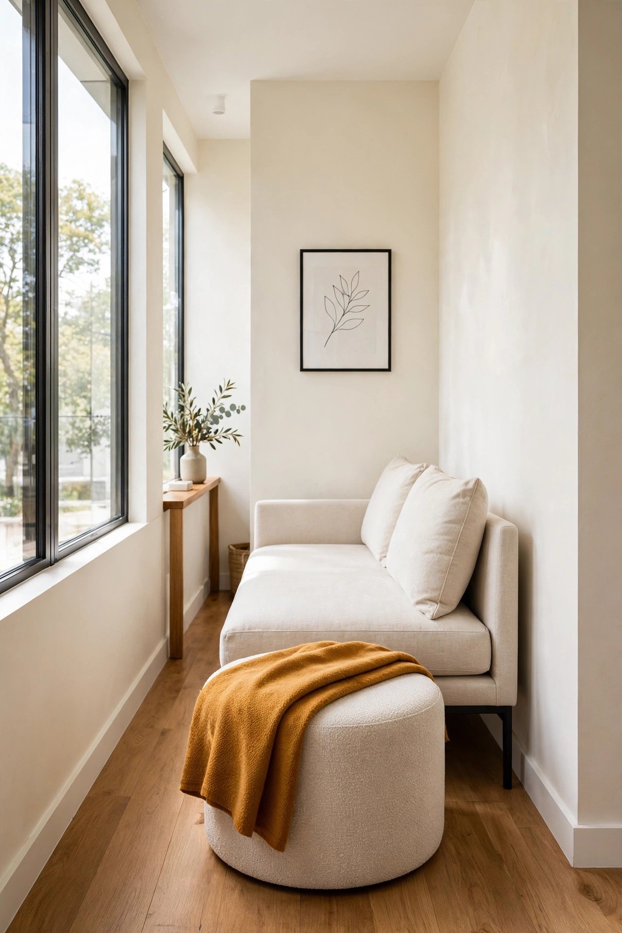 Multi functional furniture in a narrow living room with a storage ottoman serving as extra seating and storage