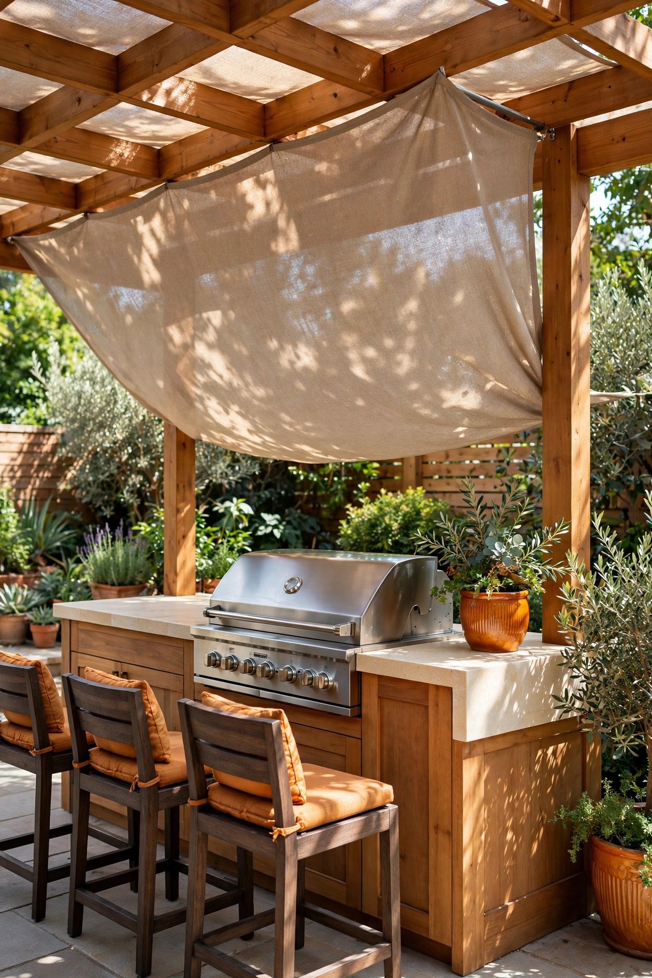 Outdoor kitchen under a wooden pergola with a shade cover