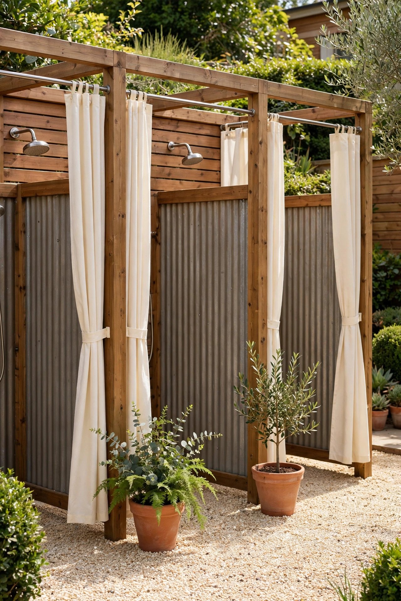 Row of outdoor shower stalls with privacy curtains and terracotta planters