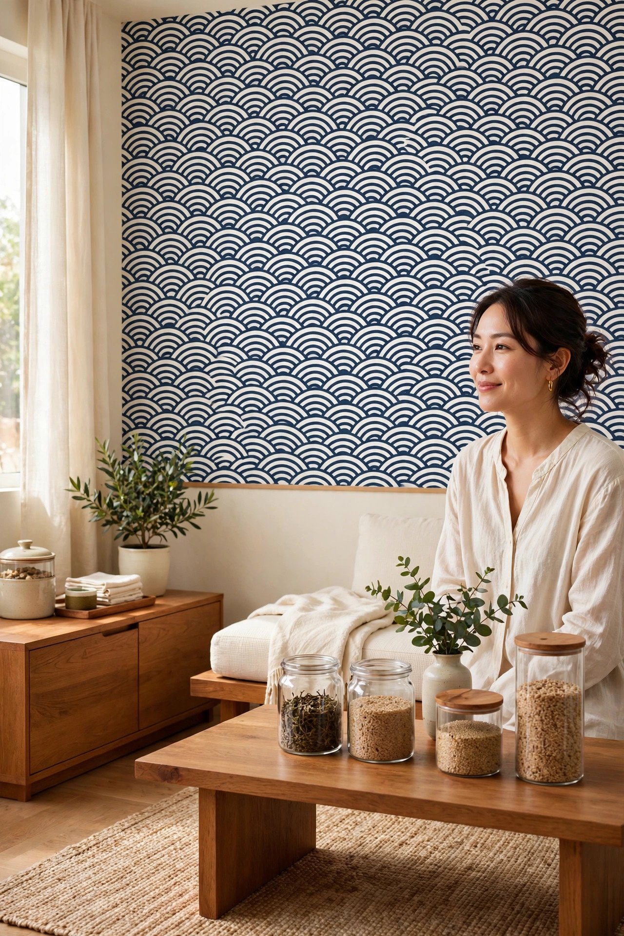 Japanese wave peel and stick wallpaper in navy and white in a minimalist living room