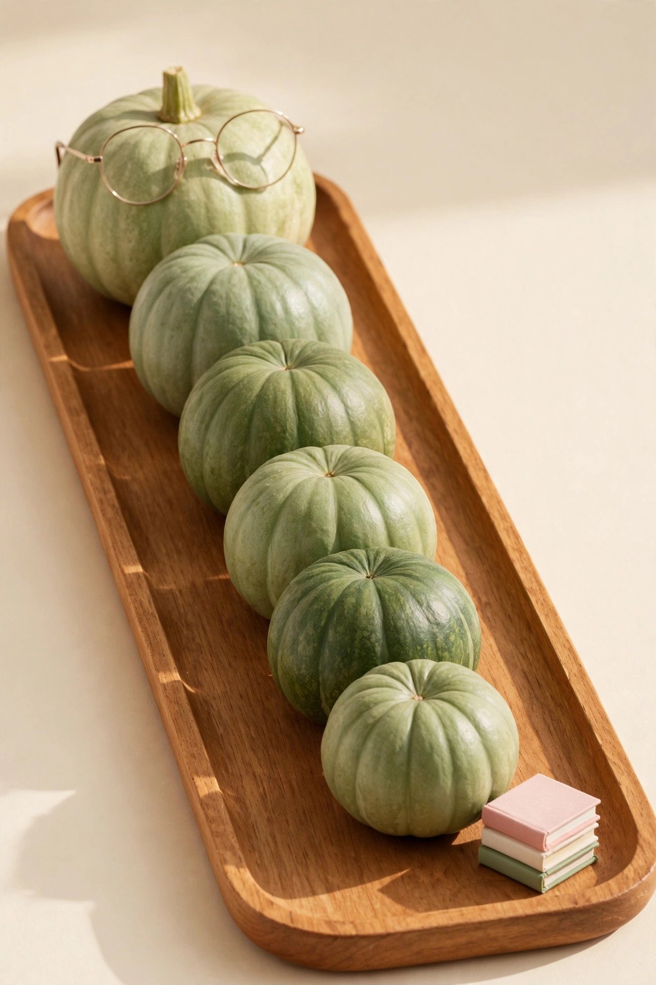 Row of small green pumpkins lined up as a bookworm body with wire glasses and tiny books