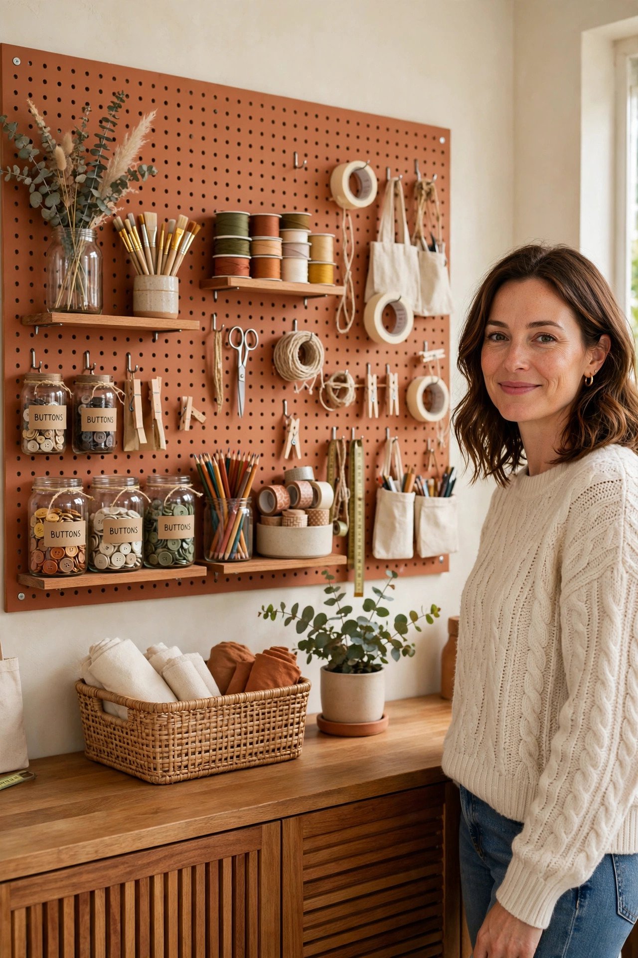 Pegboard organizer with hooks and small shelves in a craft room in terracotta tones