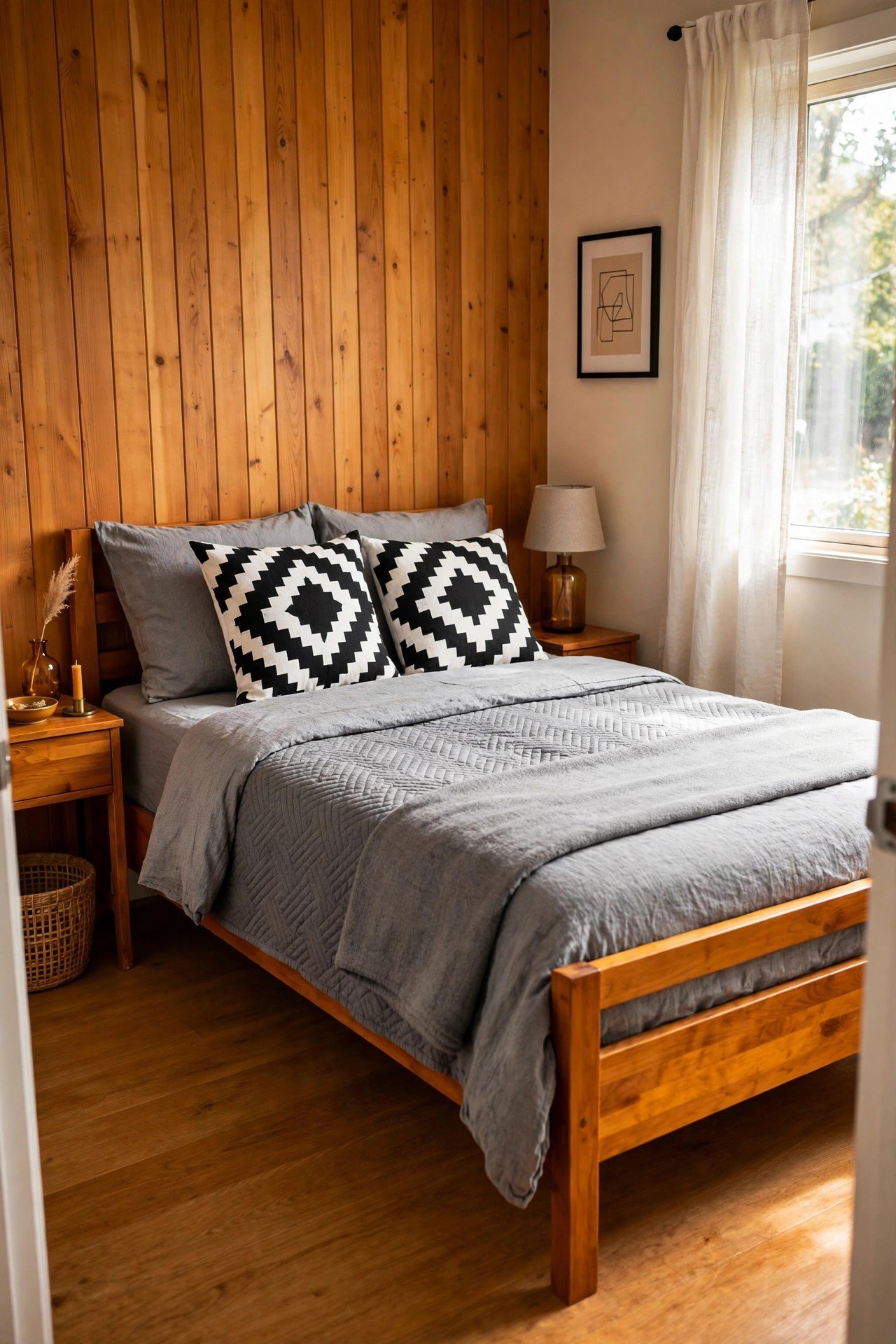 Queen bed dressed in monochrome gray bedding with bold geometric pillows in a small bedroom