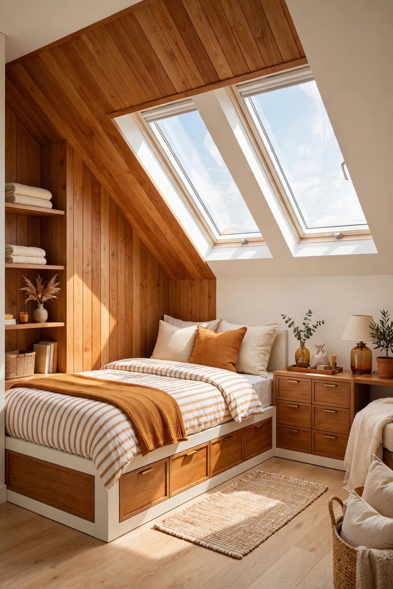 Skylit attic guest room layout with warm wood paneling, striped bedding, and built-in storage drawers