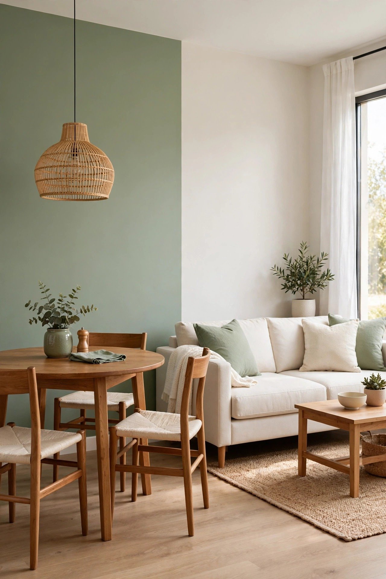 Color blocking defining living and dining zones in a small combo room, soft sage wall behind the dining table