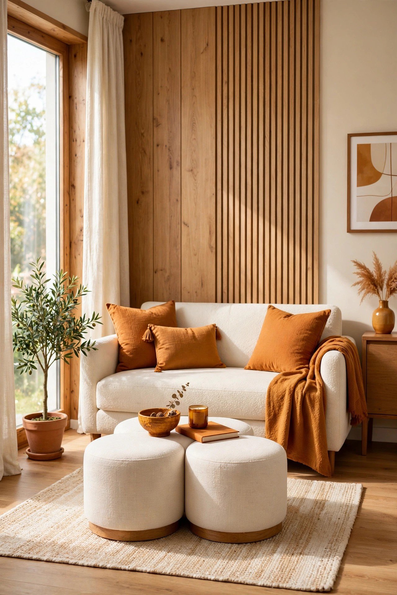 Small living room layout ideas with three small ottomans grouped as a coffee table in a small living room