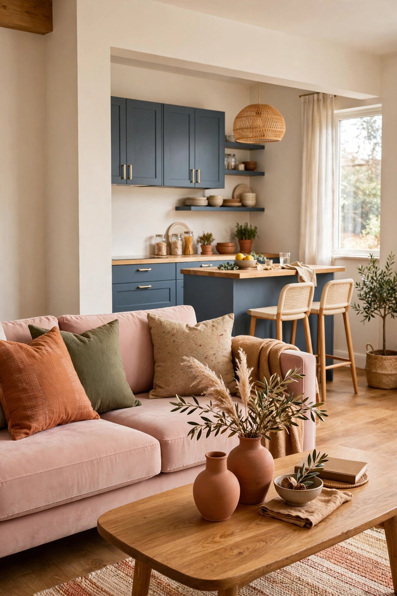 Earthy small open plan living room with a blush sofa and a connected slate blue kitchen