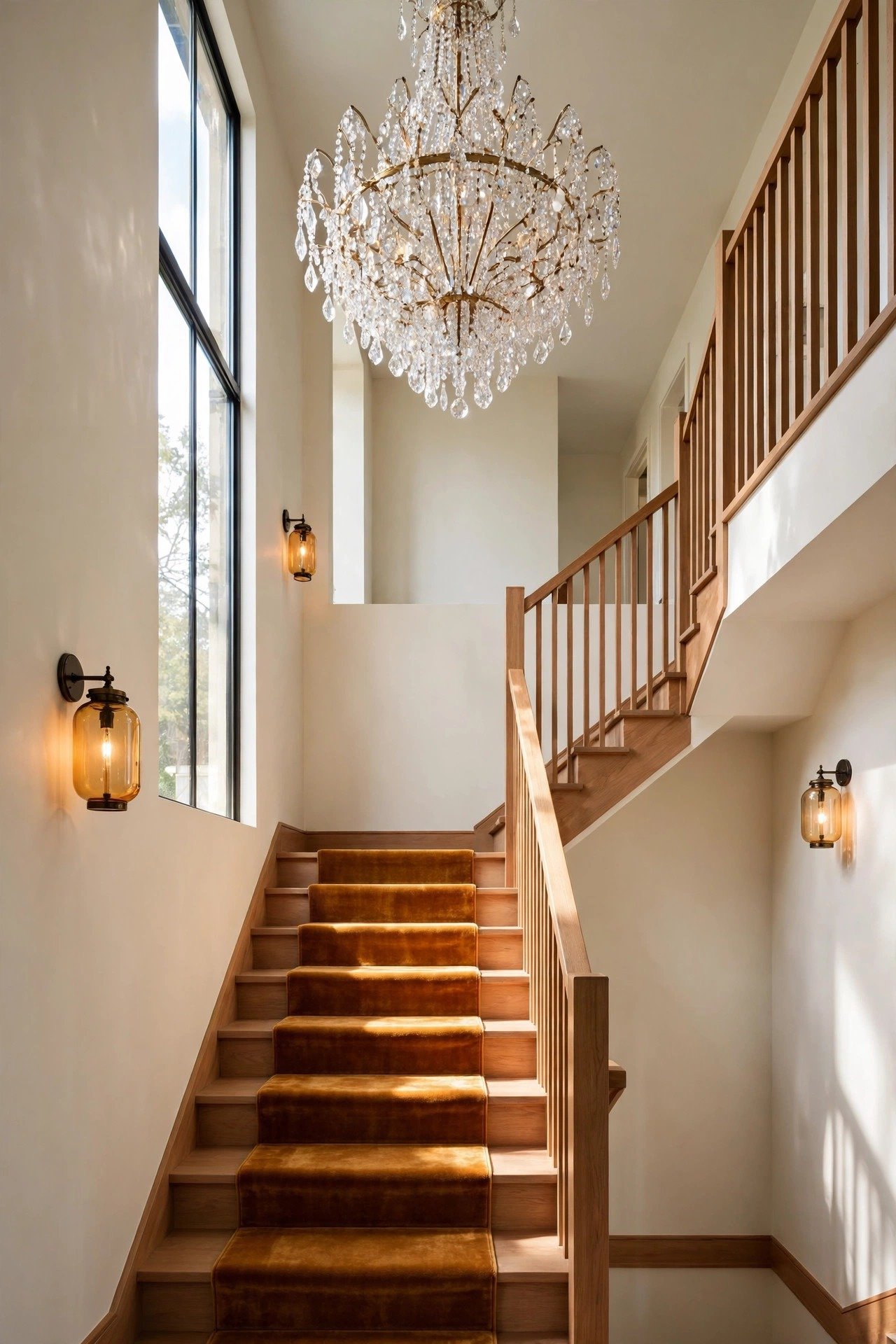 Statement crystal chandelier hanging in a tall stairwell
