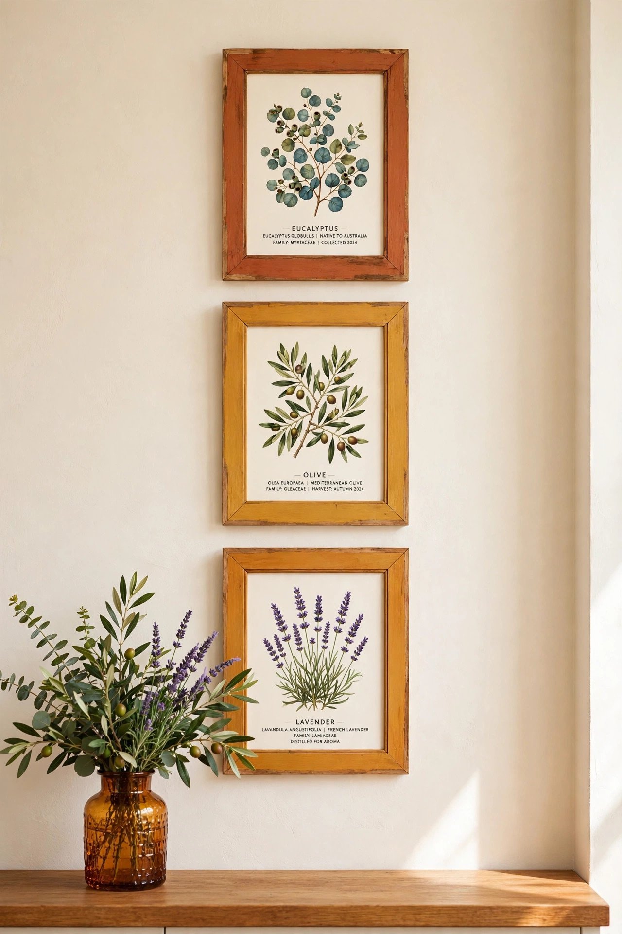 Upcycled thrifted frames painted and filled with new art on a cream wall in amber tones