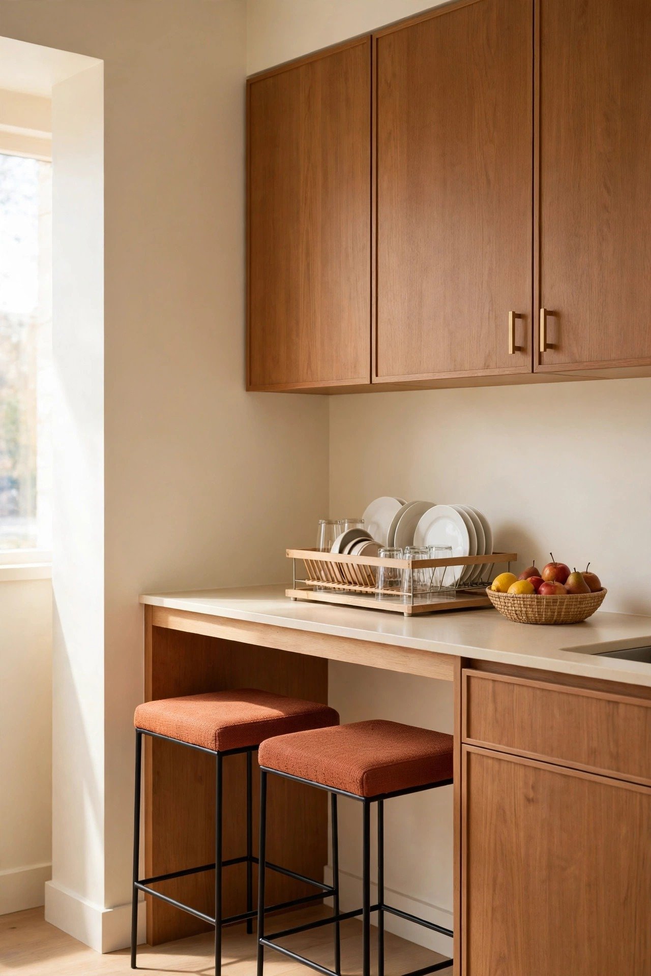 Tiny studio apartment layout idea with slim barstools tucked under a kitchen counter in terracotta and cream