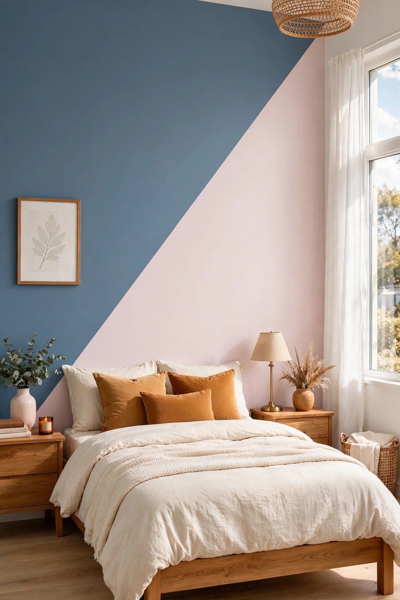 Slate blue and pale pink two tone wall paint ideas with cool blue and soft pink split diagonally on a bedroom wall
