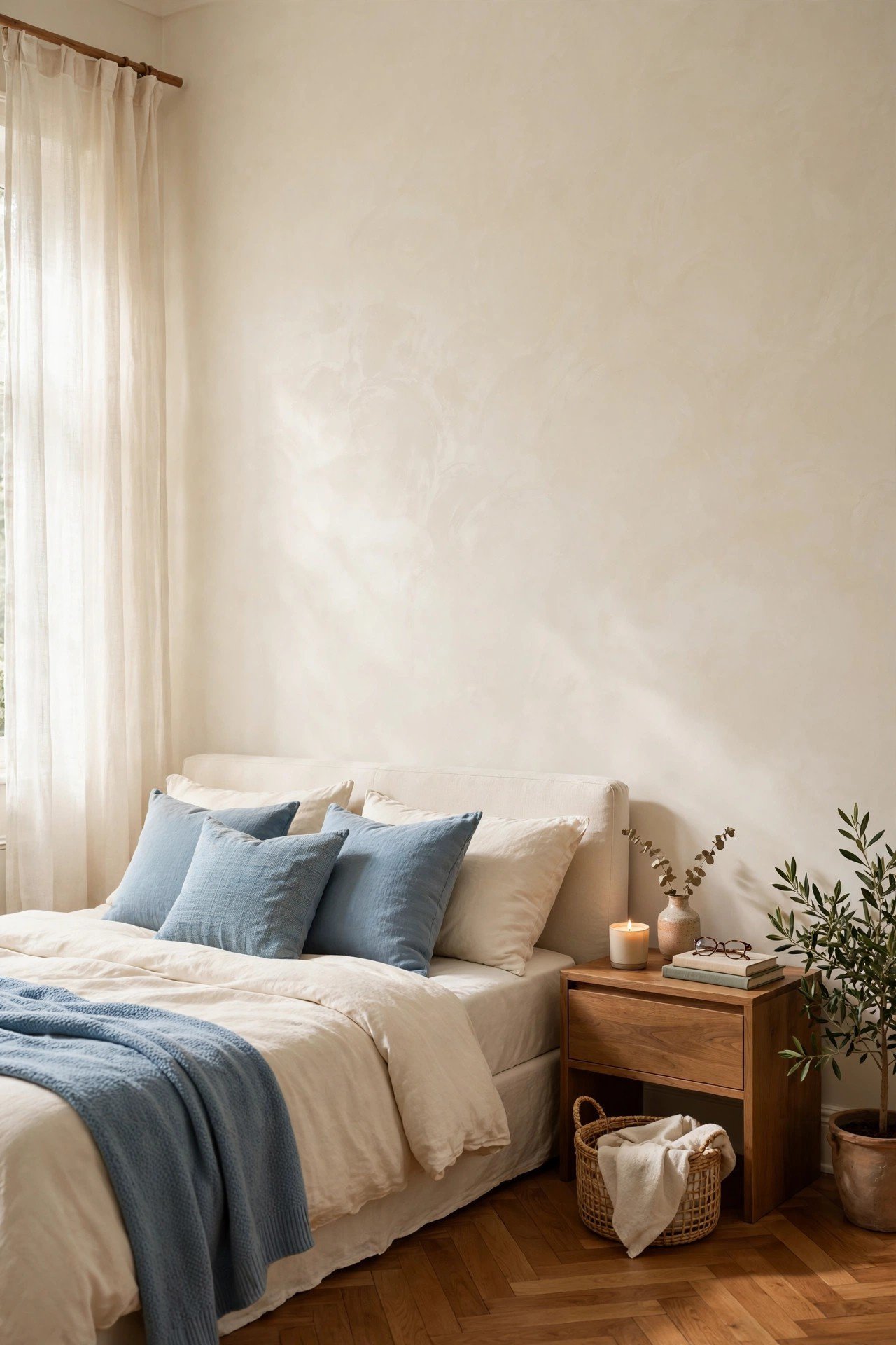 Soft ivory Venetian plaster wall in a serene bedroom with linen curtains