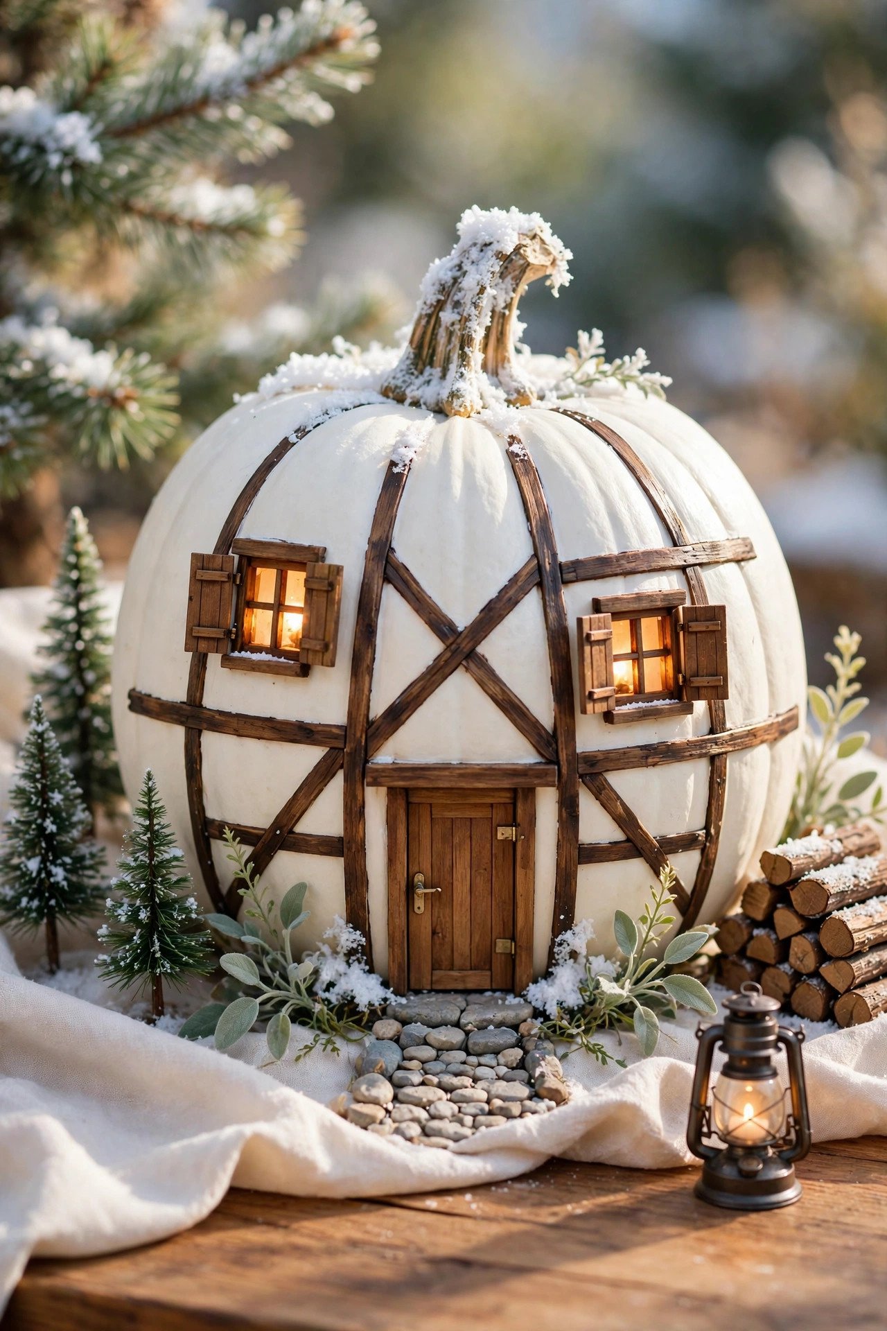 White pumpkin styled as a miniature snow-dusted alpine chalet