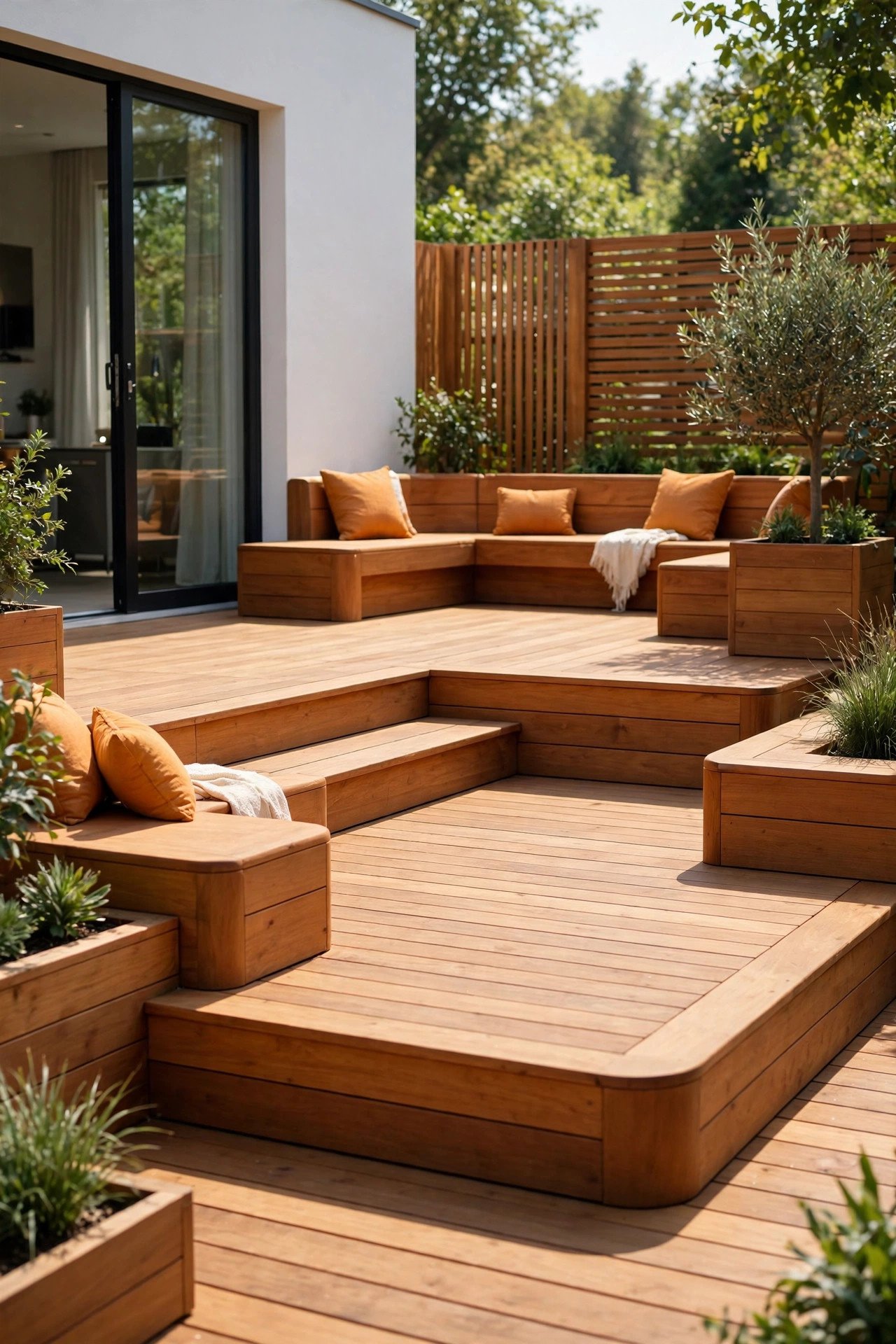 Raised wooden deck platforms with built-in seating blocks