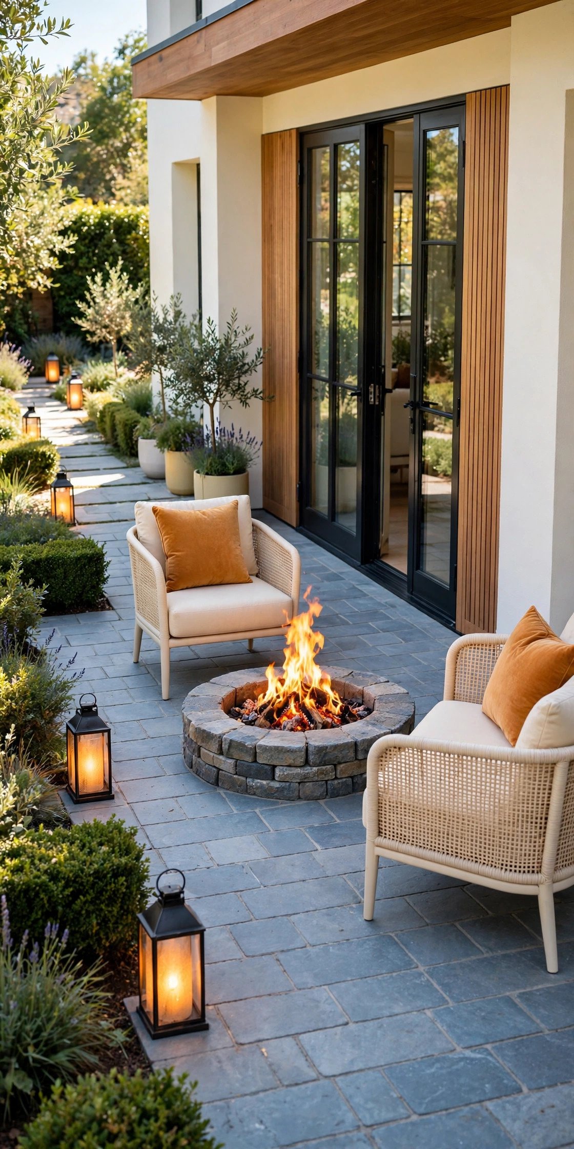 Fire pit set close to French doors with amber lanterns on a bluestone patio