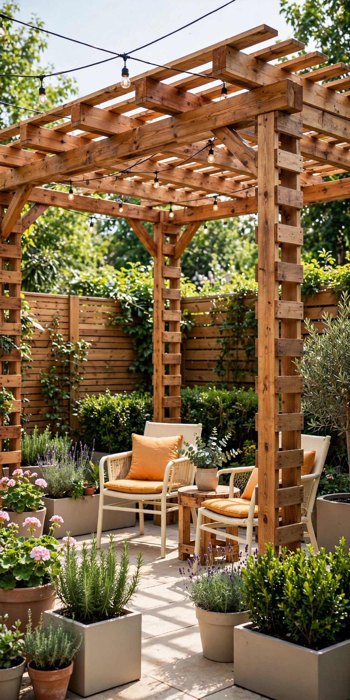 Handmade wooden pallet pergola with string lights
