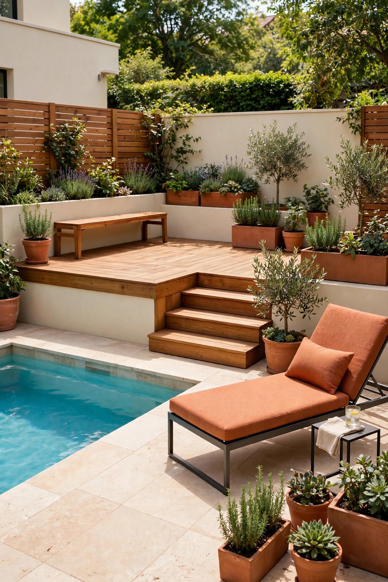 Split-level pool deck in a compact backyard