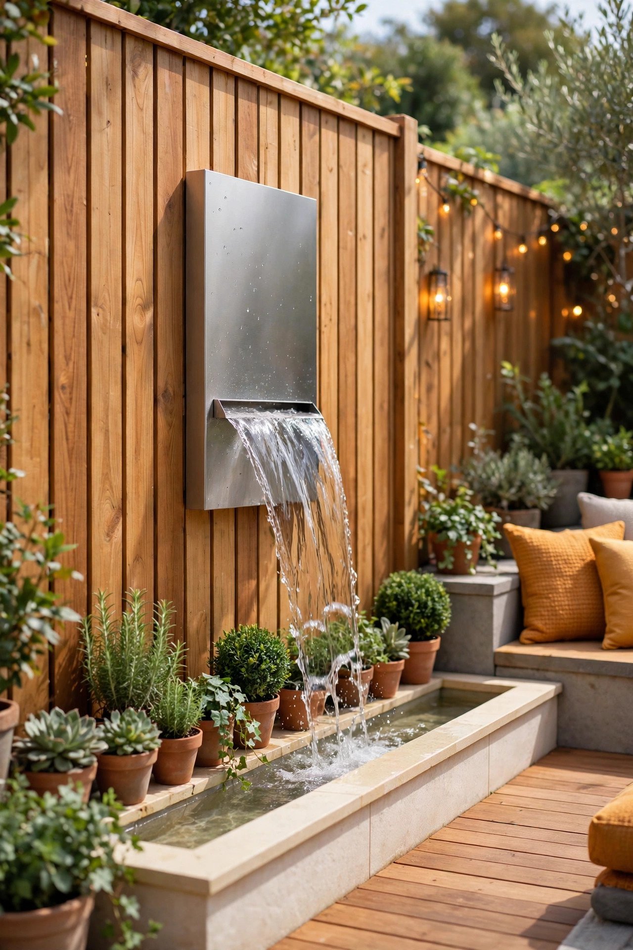 Water feature mounted on a wooden garden fence