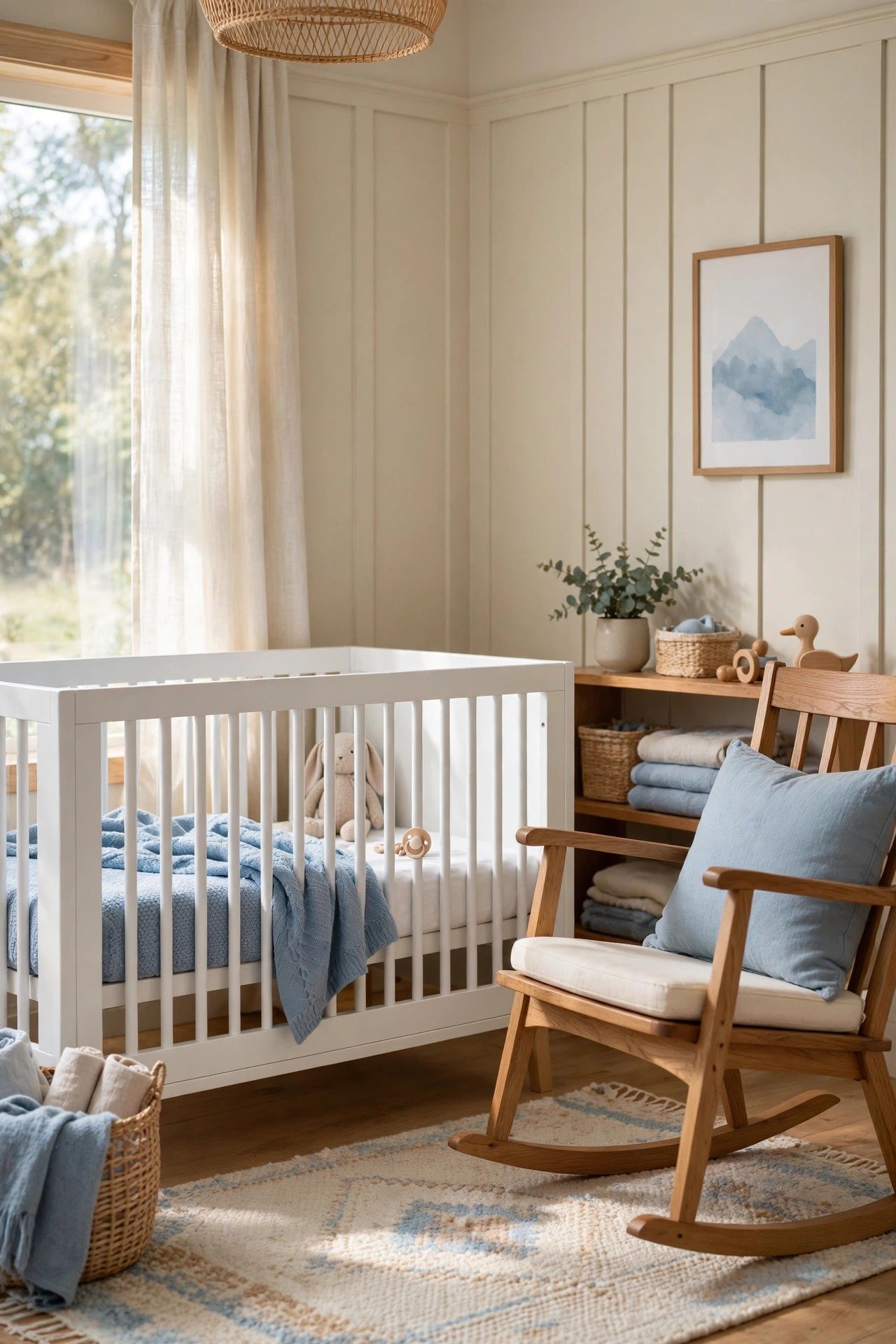 Calm nursery with pale cream board and batten paneling, white crib, and soft natural light