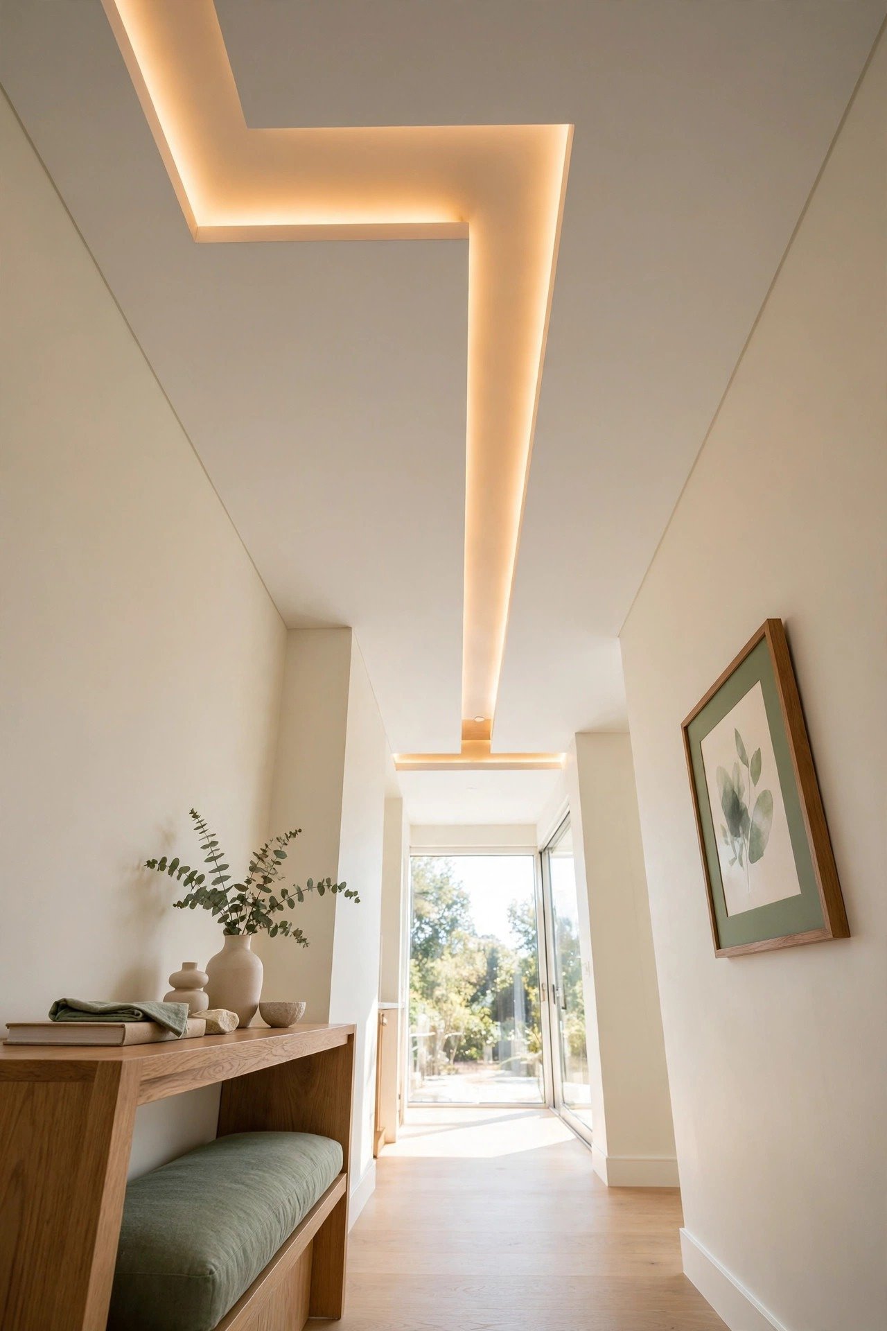 Rectangular hallway ceiling with a T-shaped recessed channel and warm edge lighting creating a gallery-like feel