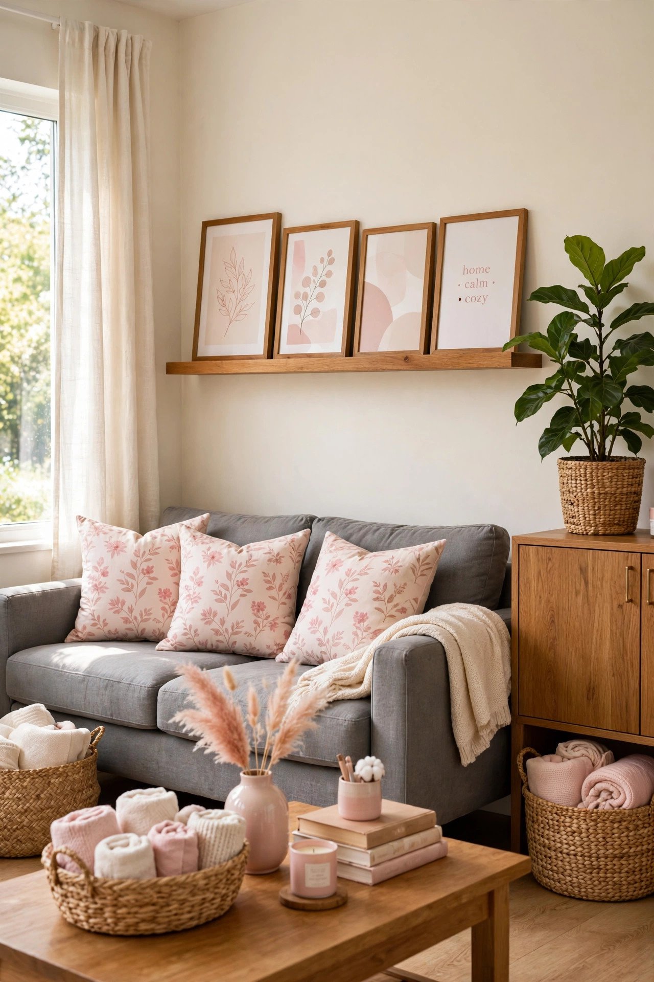 Grey sofa against creamy walls with framed prints and a plant