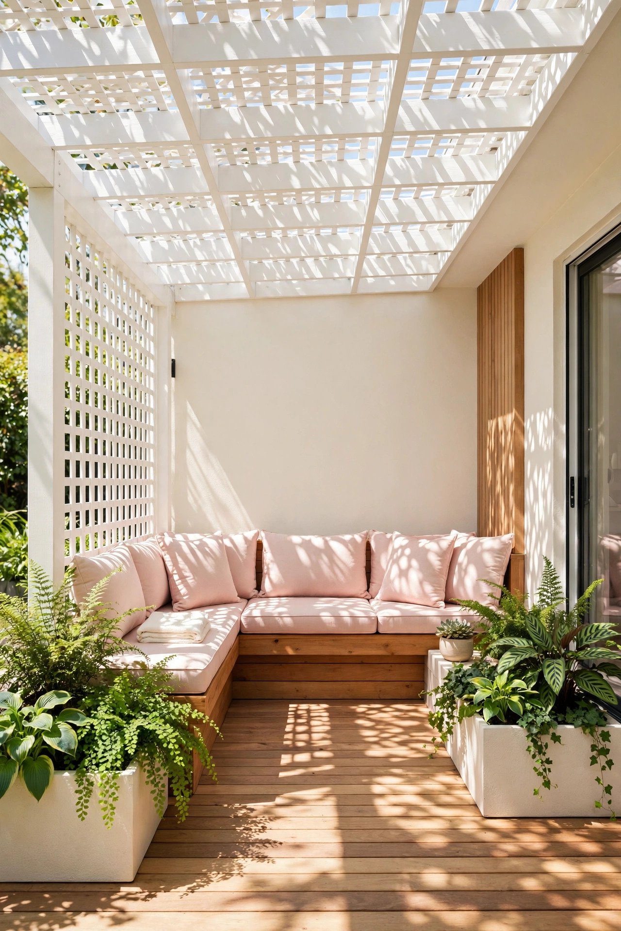 Covered patio with pergola draped in flowing outdoor curtains