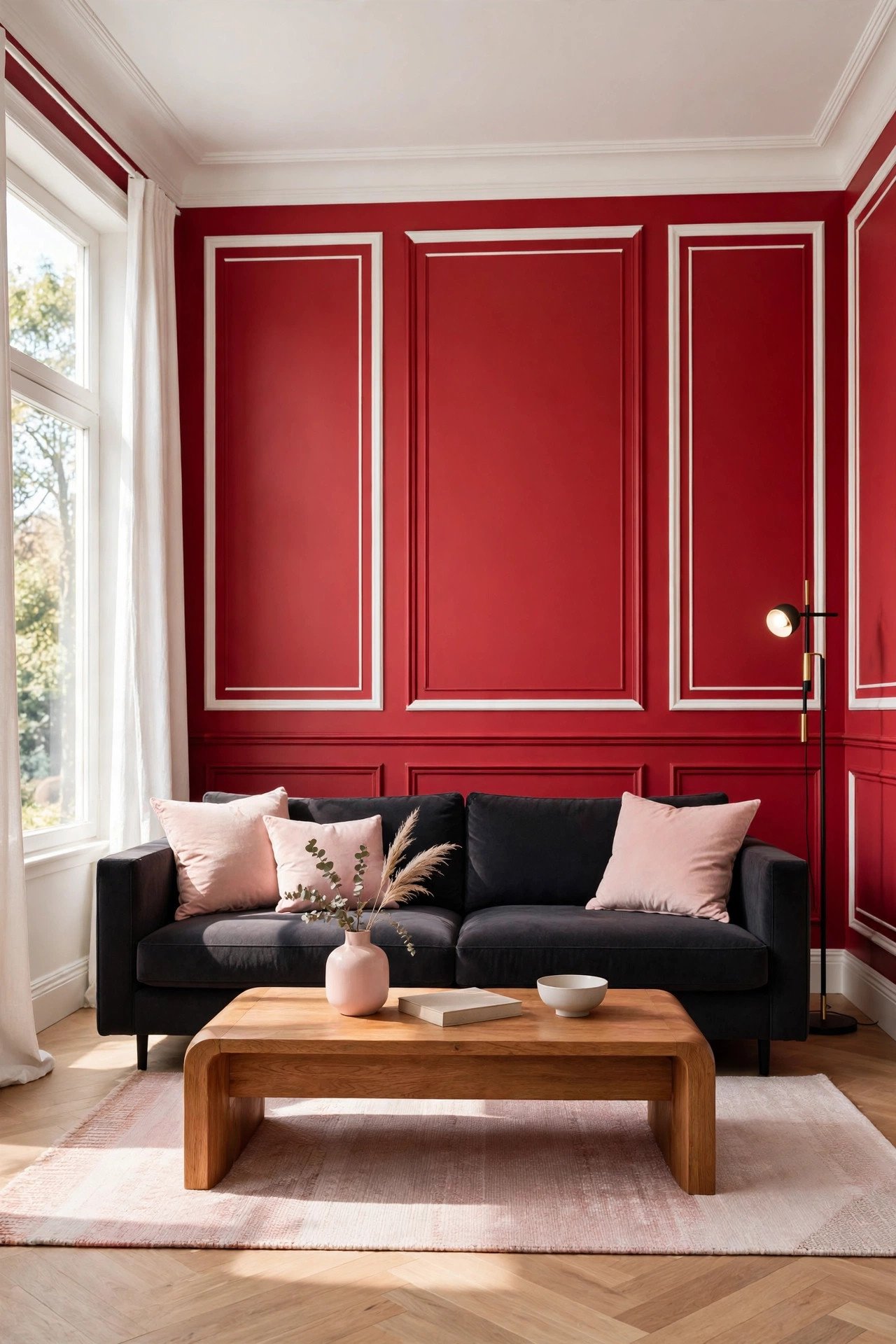 Bold crimson red living room walls framed by elegant molding panels with a dark statement sofa