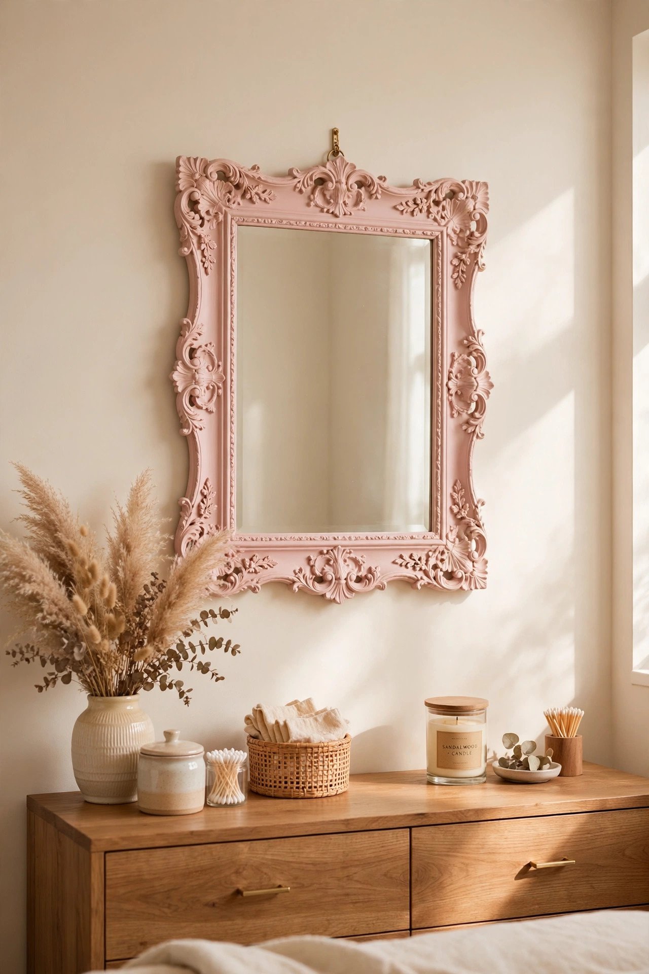 Ornate mirror frame painted blush pink to match bedroom decor in soft lighting