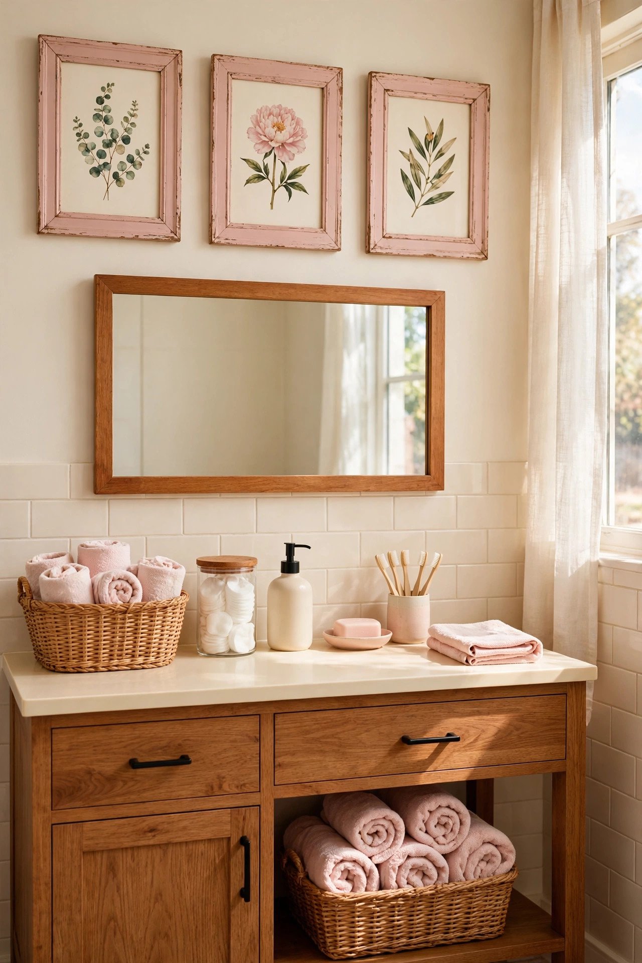 Bathroom wall decorated with framed art in old picture frames
