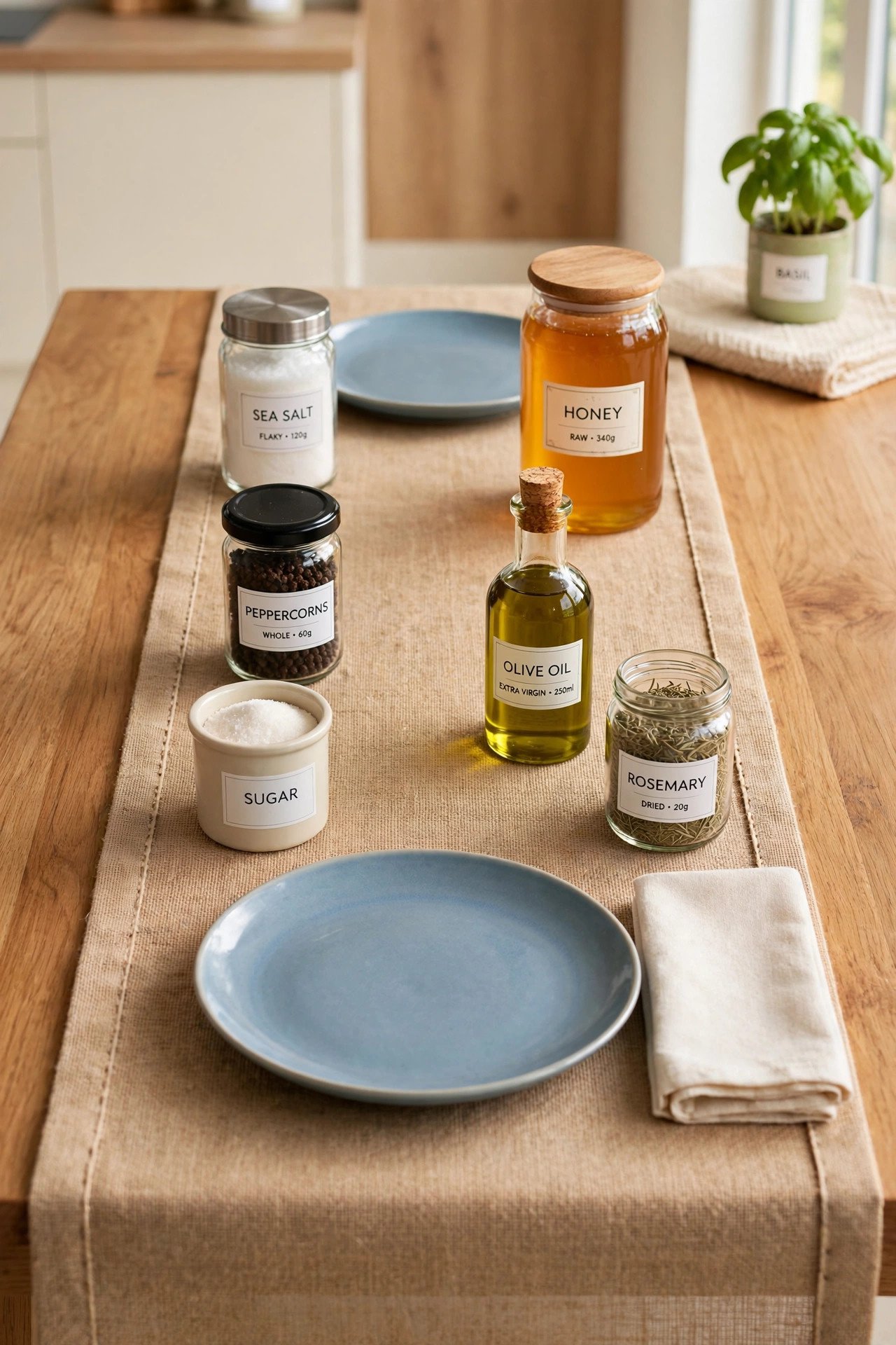 DIY table runner made from burlap fabric with glued hems on a wooden dining table in soft blue tones