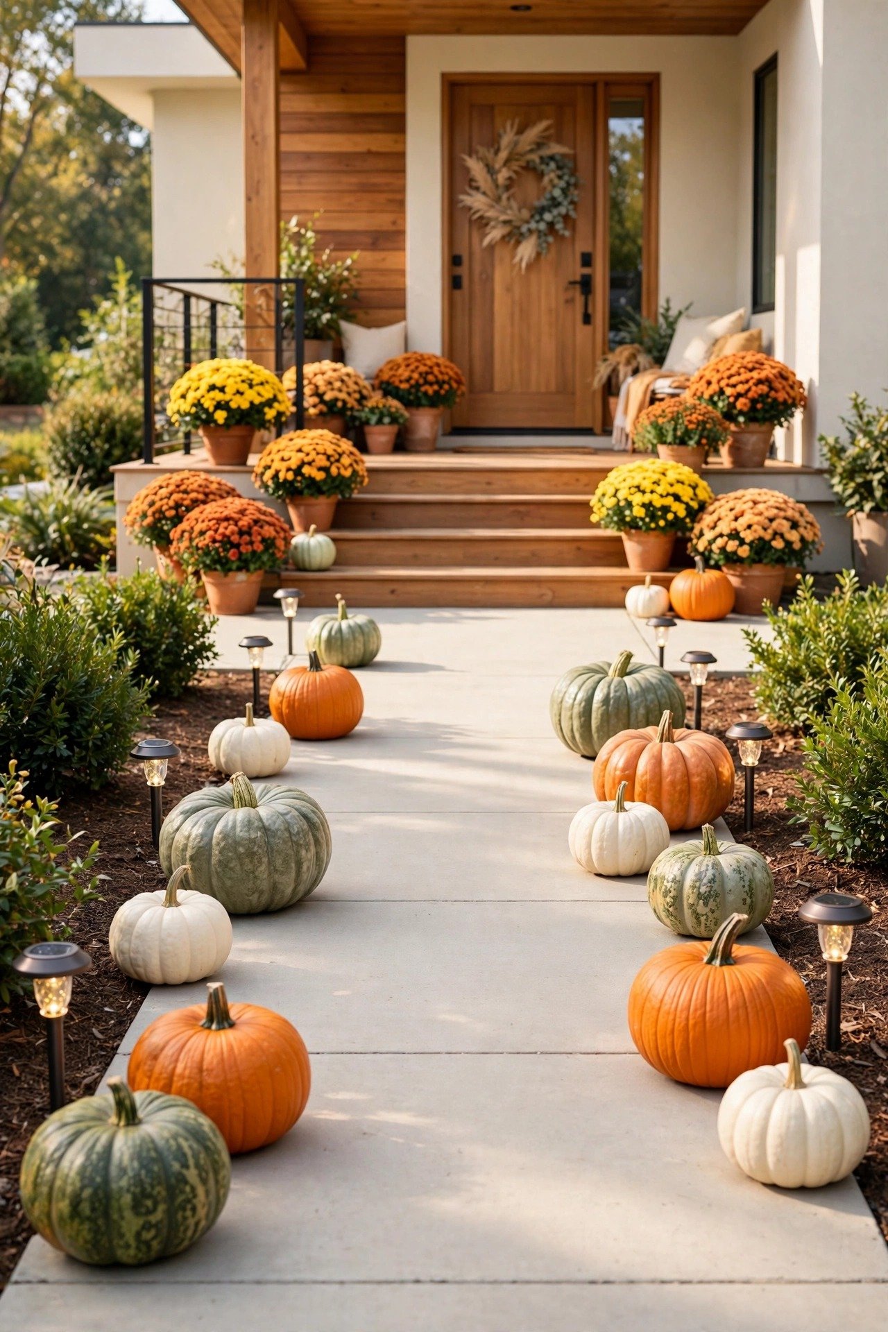 A front walkway lined on both sides with a trail of pumpkins in mixed varieties
