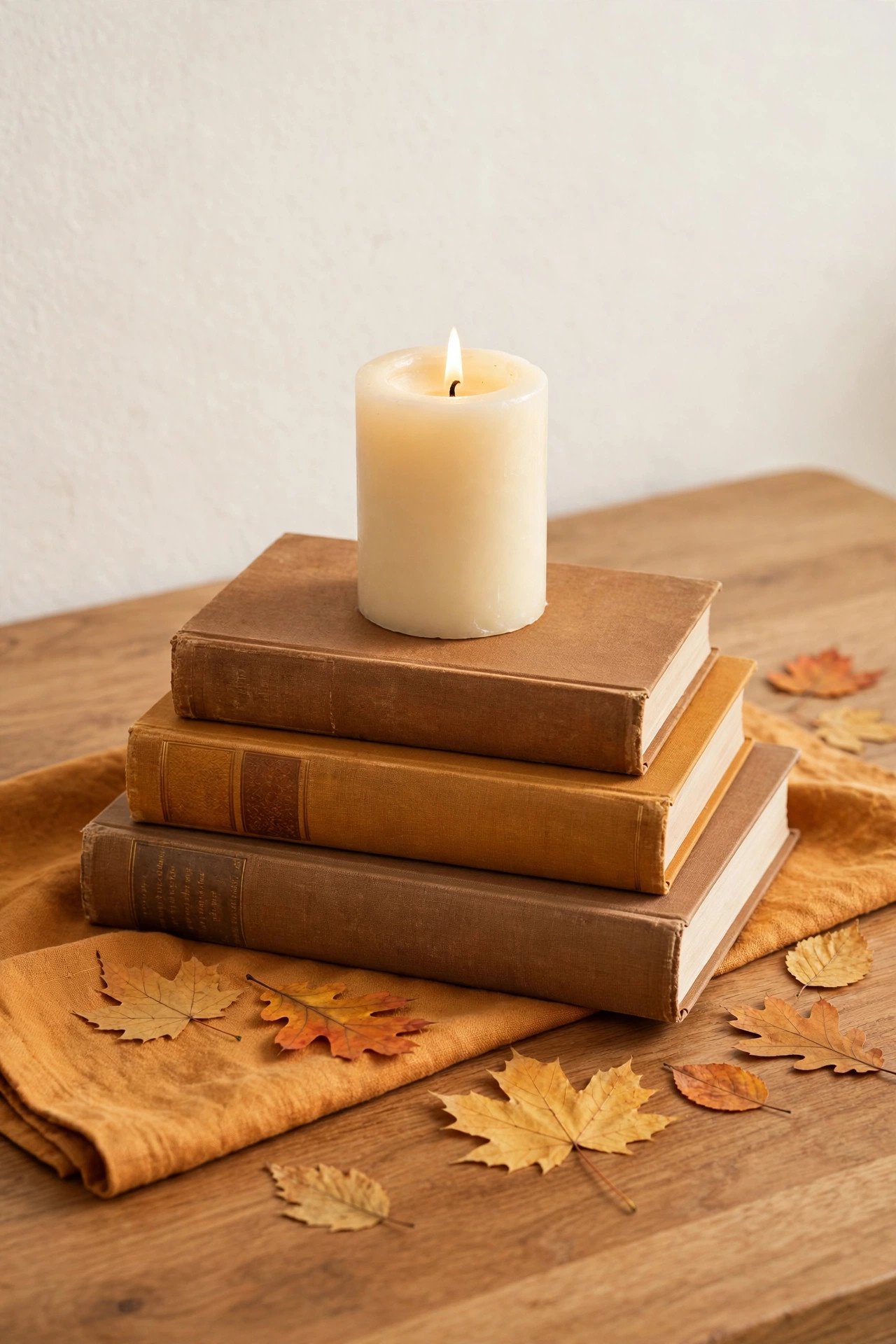 Stacked vintage books topped with a candle and scattered autumn leaves