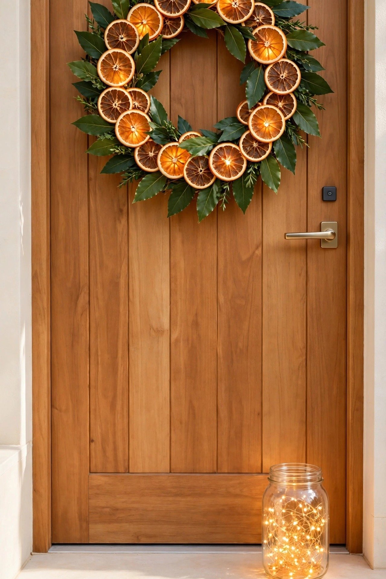 Wreath of glowing dried orange slices paired with deep green bay leaves on a wooden front door