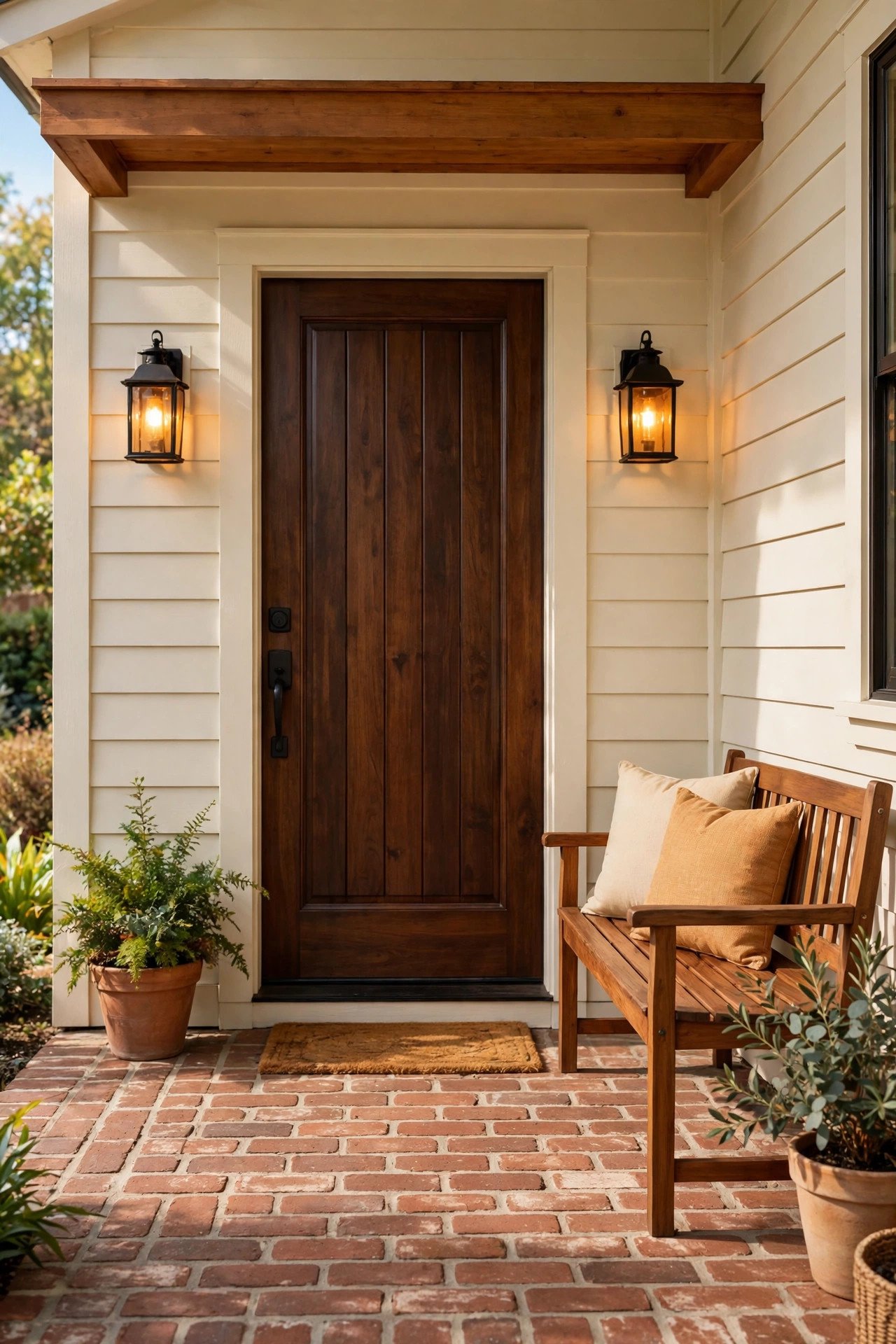Rustic brick flooring on a warm front porch entrance with amber lanterns
