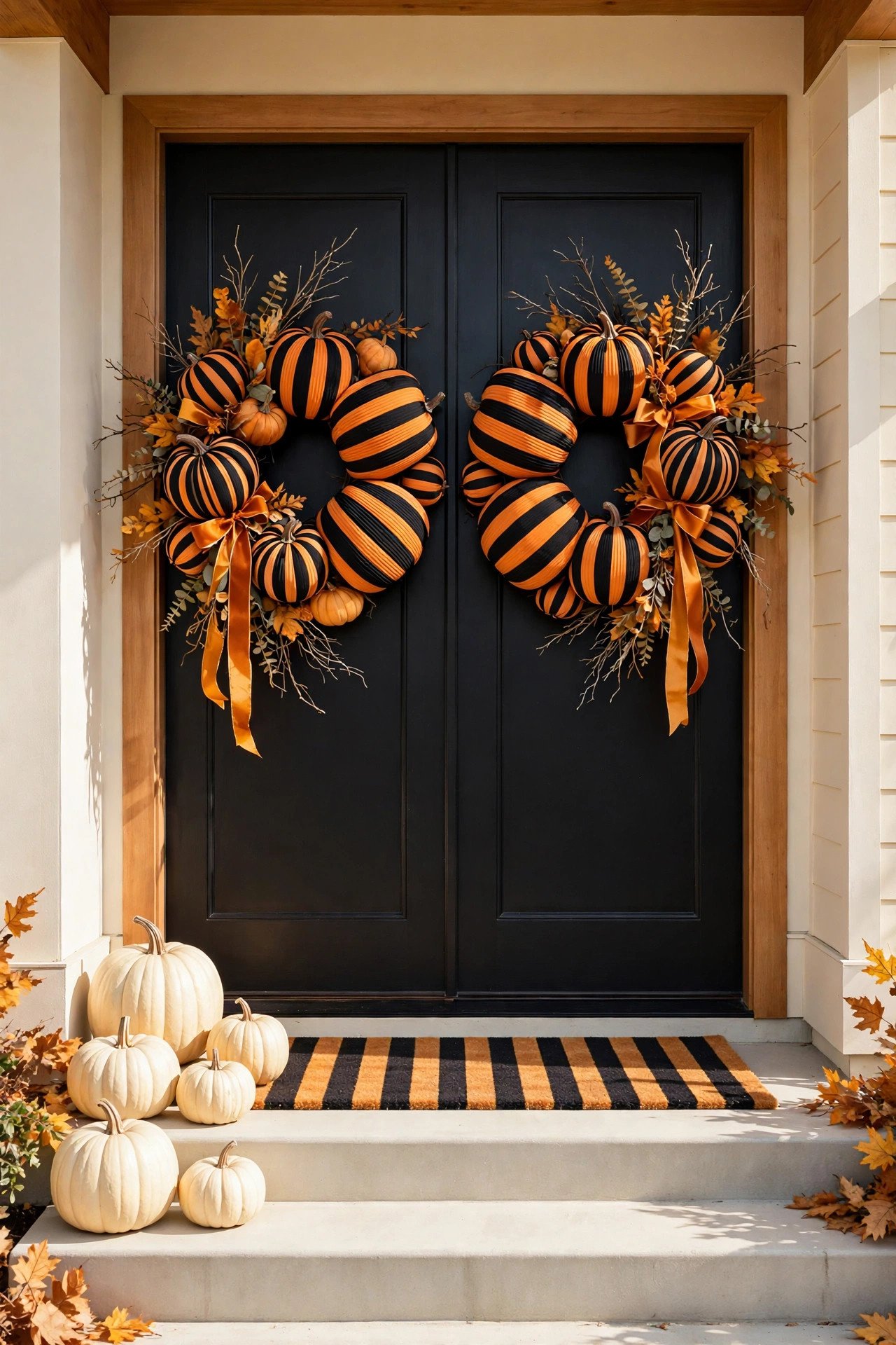 Black front door with oversized striped pumpkin wreaths and pale pumpkins