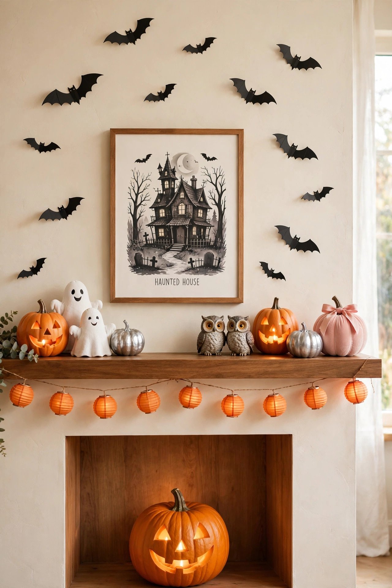 Cheerful mantel with friendly ghosts, silver pumpkins, owls and pumpkin lights