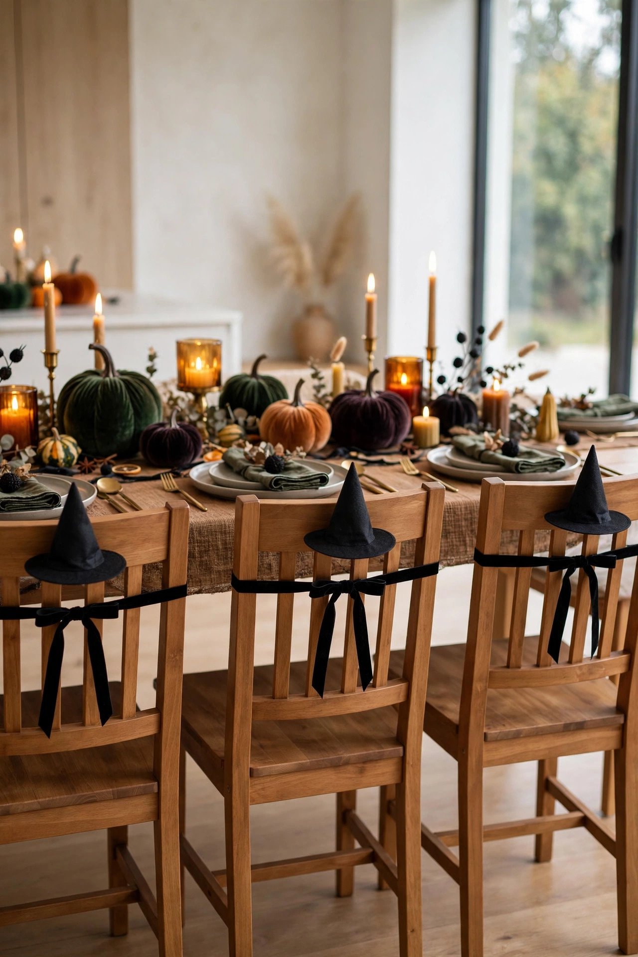 Dining chairs with mini witch hats tied to the backrests above a Halloween table