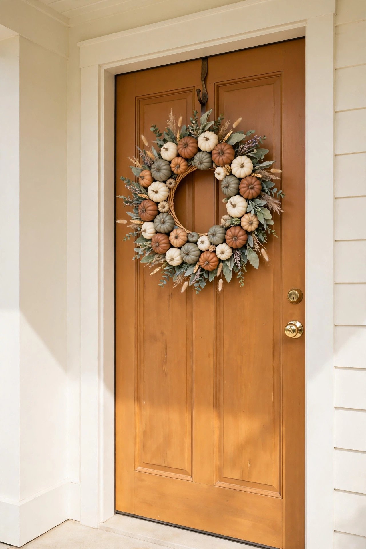 Halloween wreath of small muted pumpkins in terracotta sage and cream wired around a ring