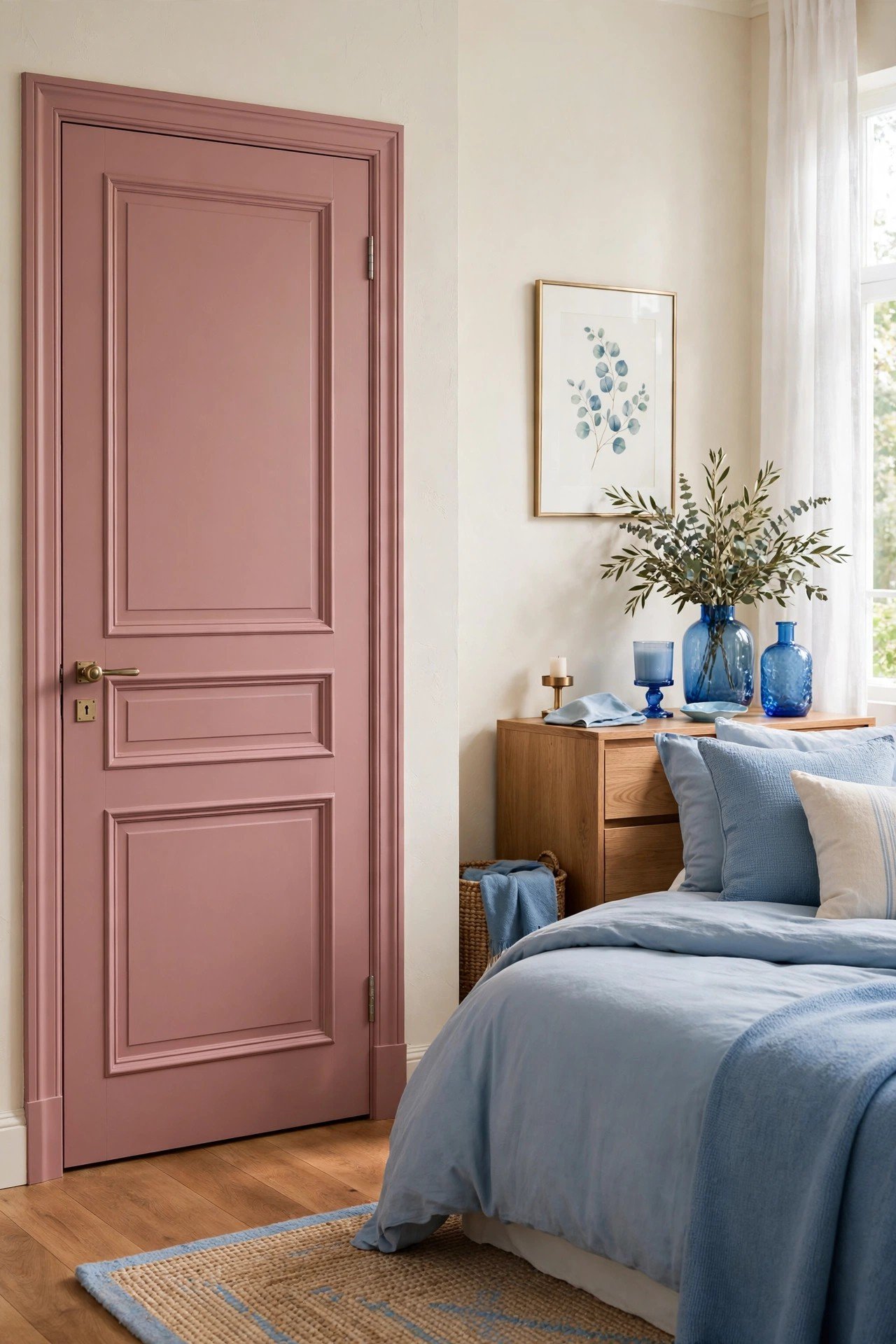 Sweet dusty rose painted interior door with elegant feminine charm