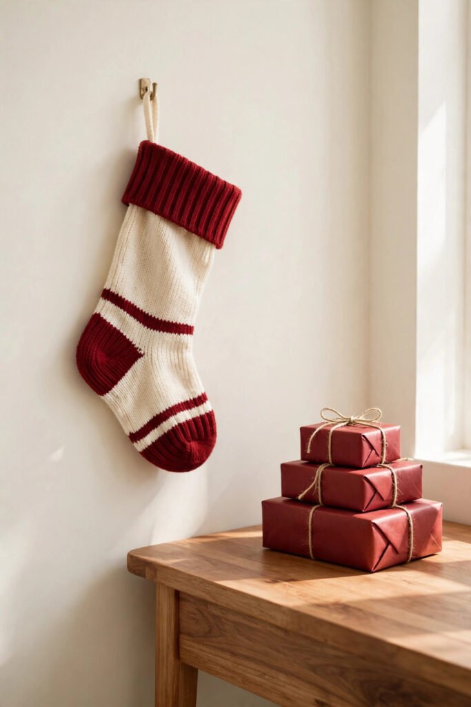 Small knit stocking hung near a vanity in a rustic Christmas decor scene