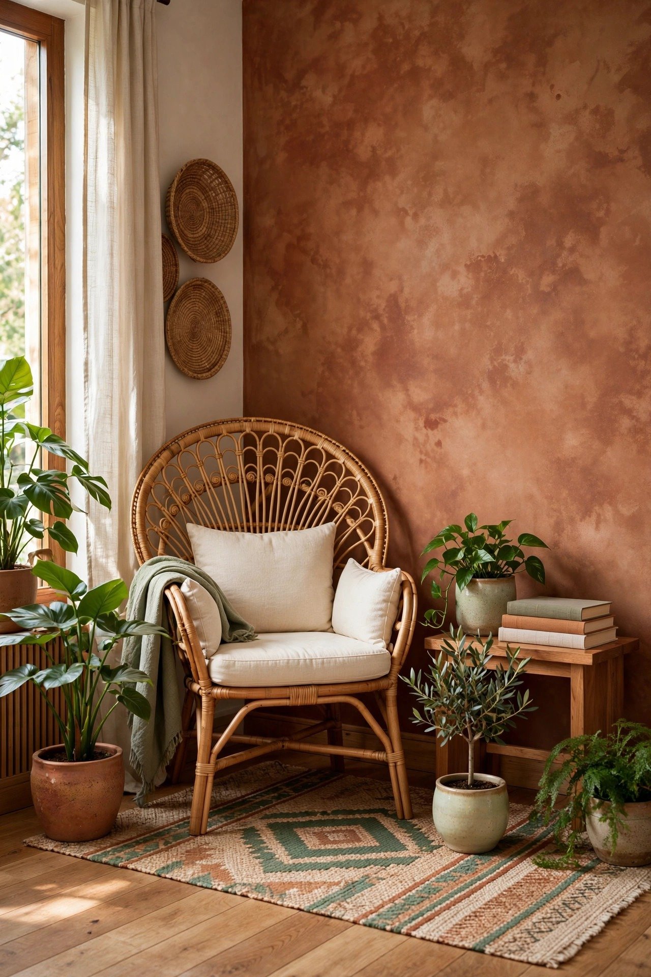Rust colored limewash wall with earthy texture in a boho corner with rattan chair and plants