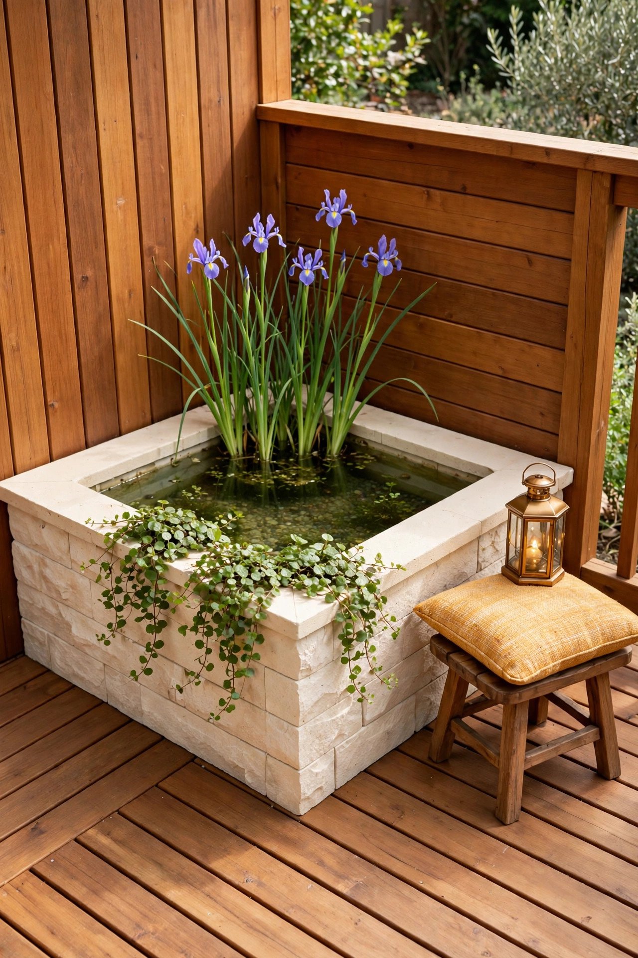 Corner deck pond with tall marginal plants