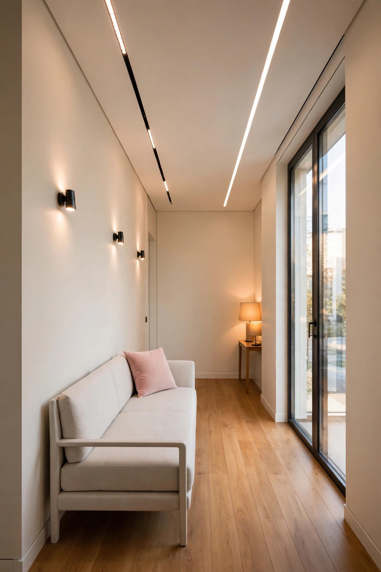 Linear lighting design in a narrow living room with ceiling lights and wall sconces following the length of the room