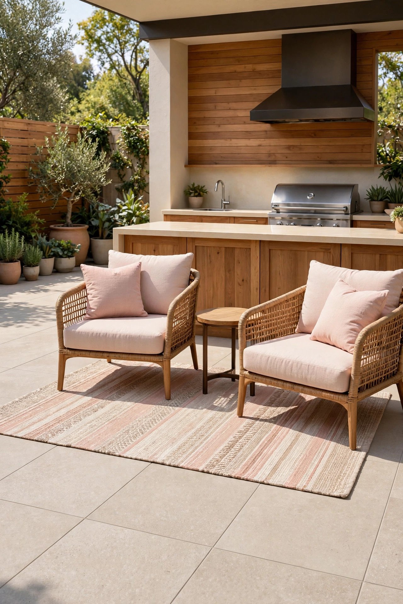 Outdoor kitchen with easy-clean tile flooring and a low-maintenance outdoor rug