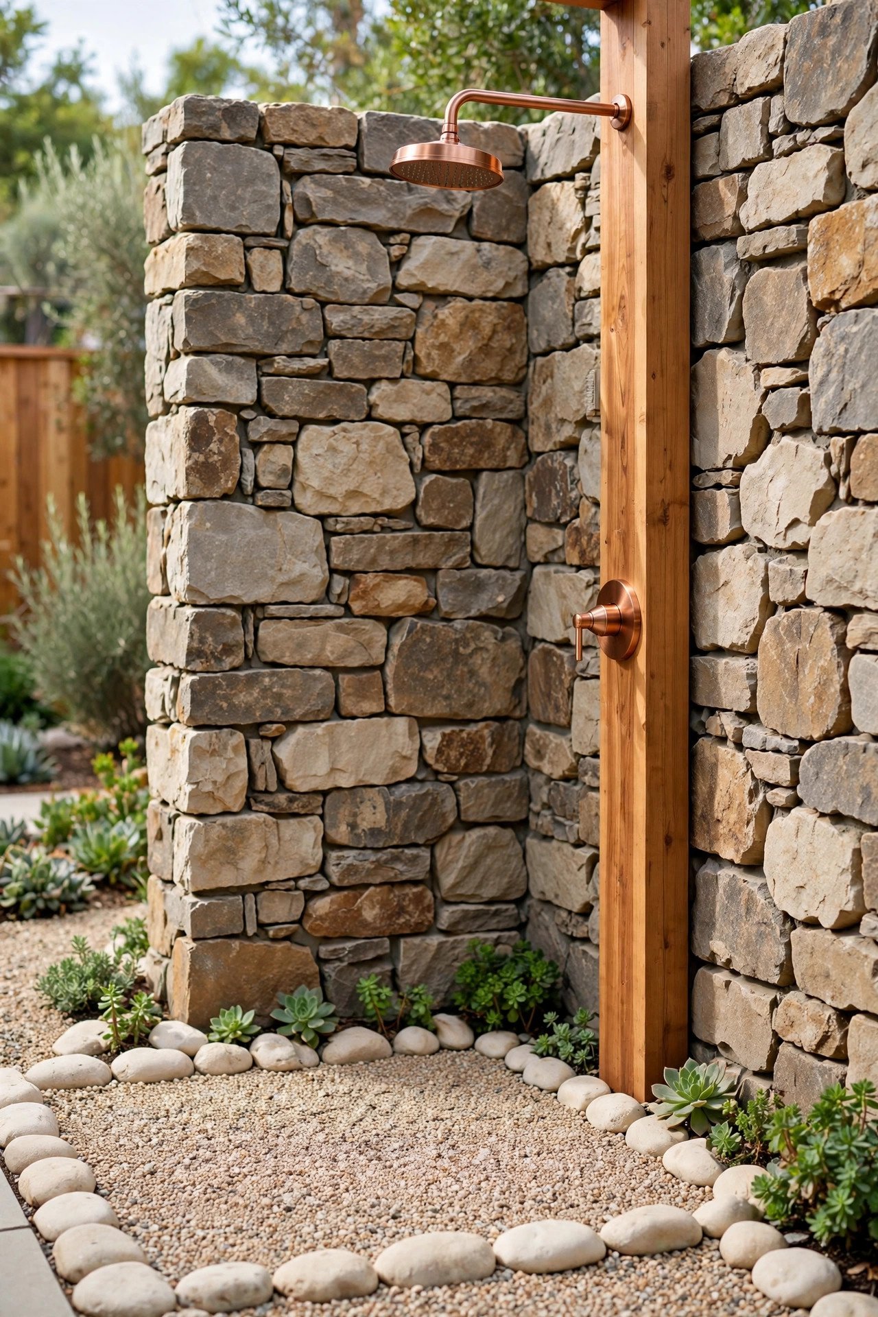 Outdoor shower built with local stone and natural wood with amber accents