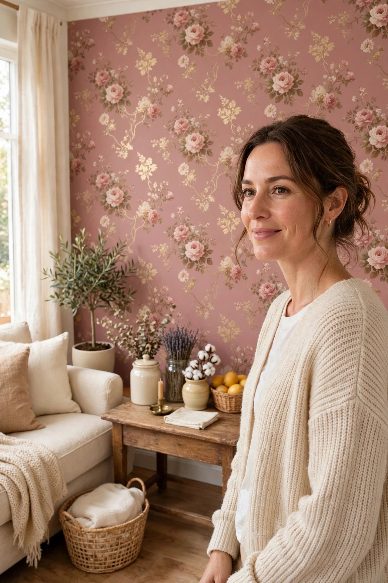 Dusty rose vintage floral peel and stick wallpaper with gold accents in a cozy living room