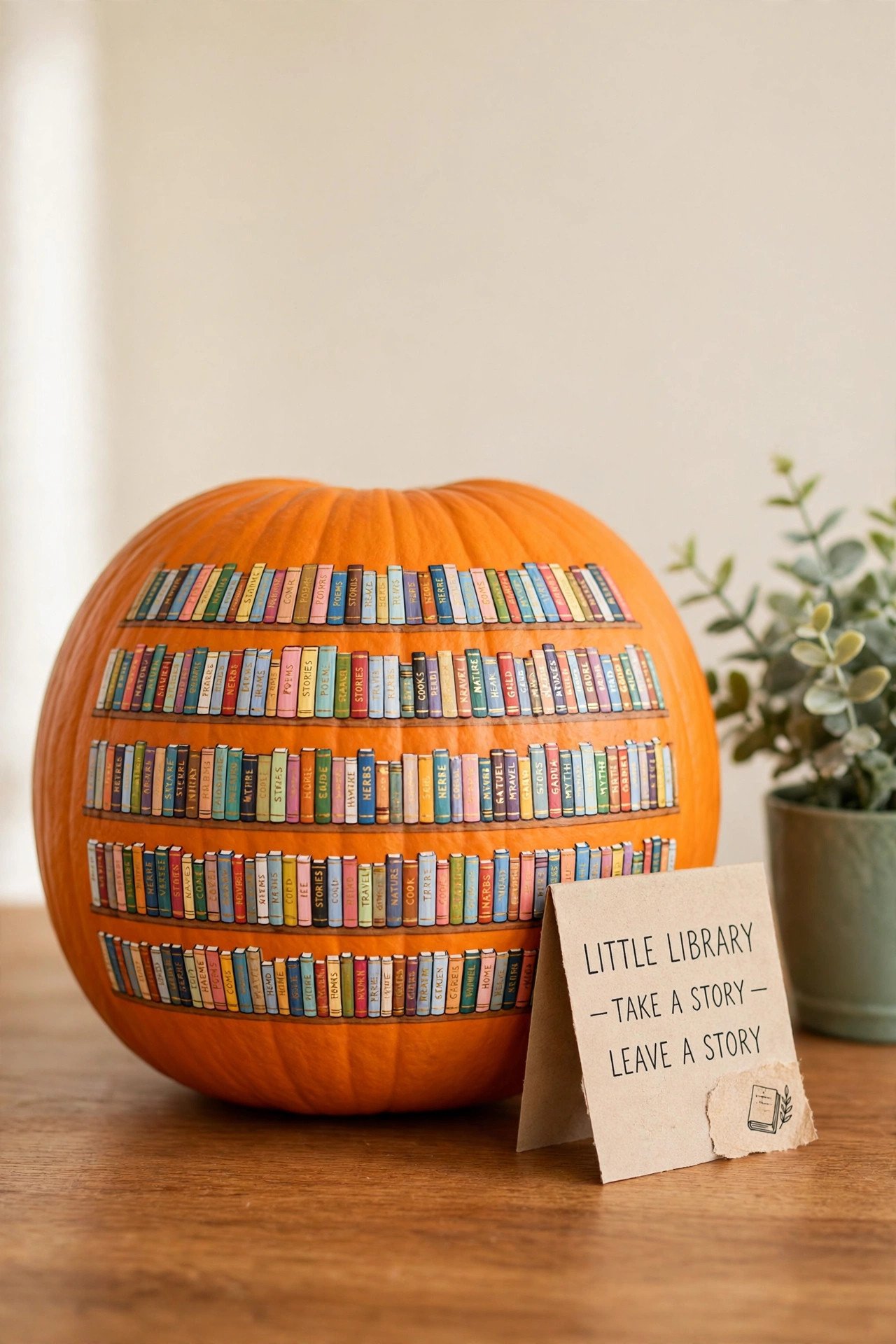 Pumpkin painted with colorful rows of tiny books like miniature library shelves