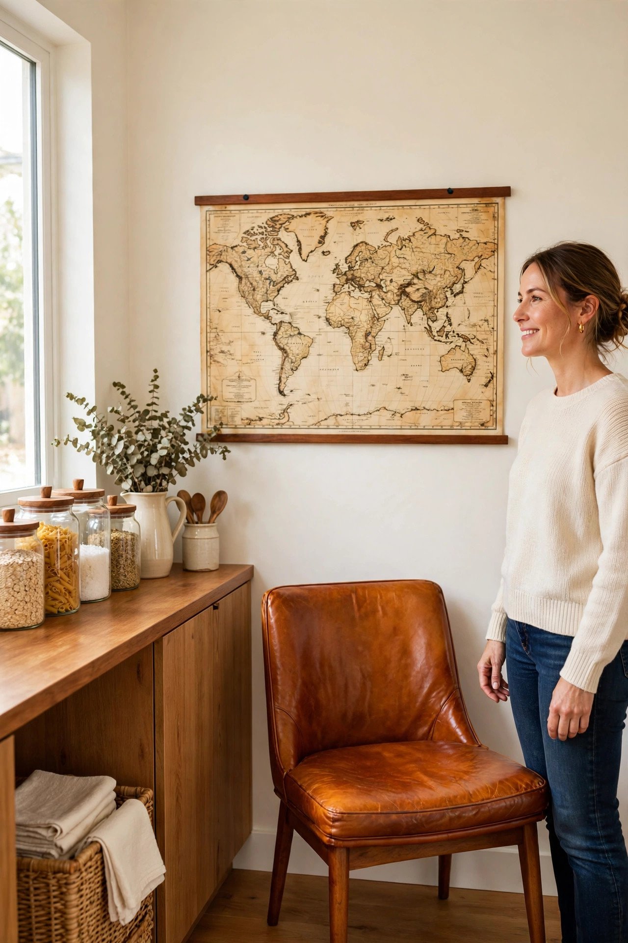 Magnetic wood poster hanger displaying a vintage map on a cream wall in amber tones
